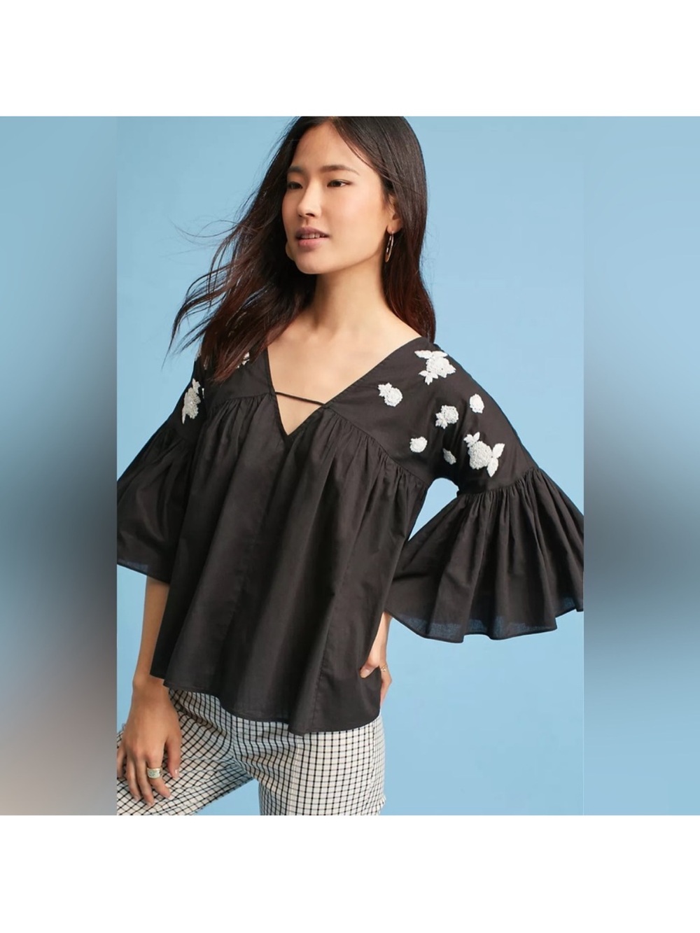 Maeve Black V-Neck Floral Embroidered Peasant Blouse